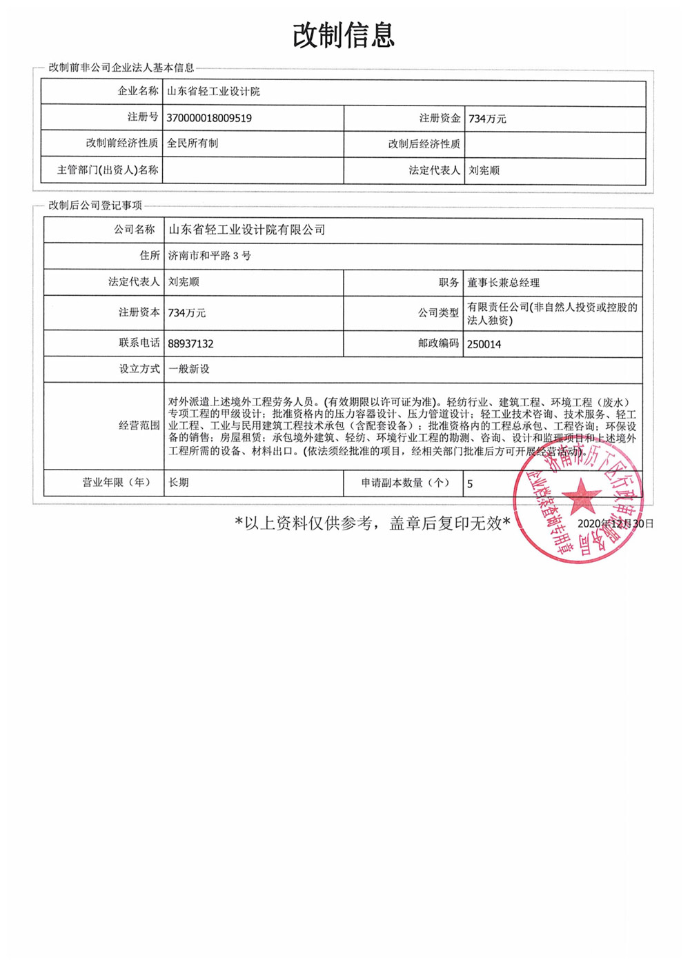 山东省轻工业设计院公司制改制信息